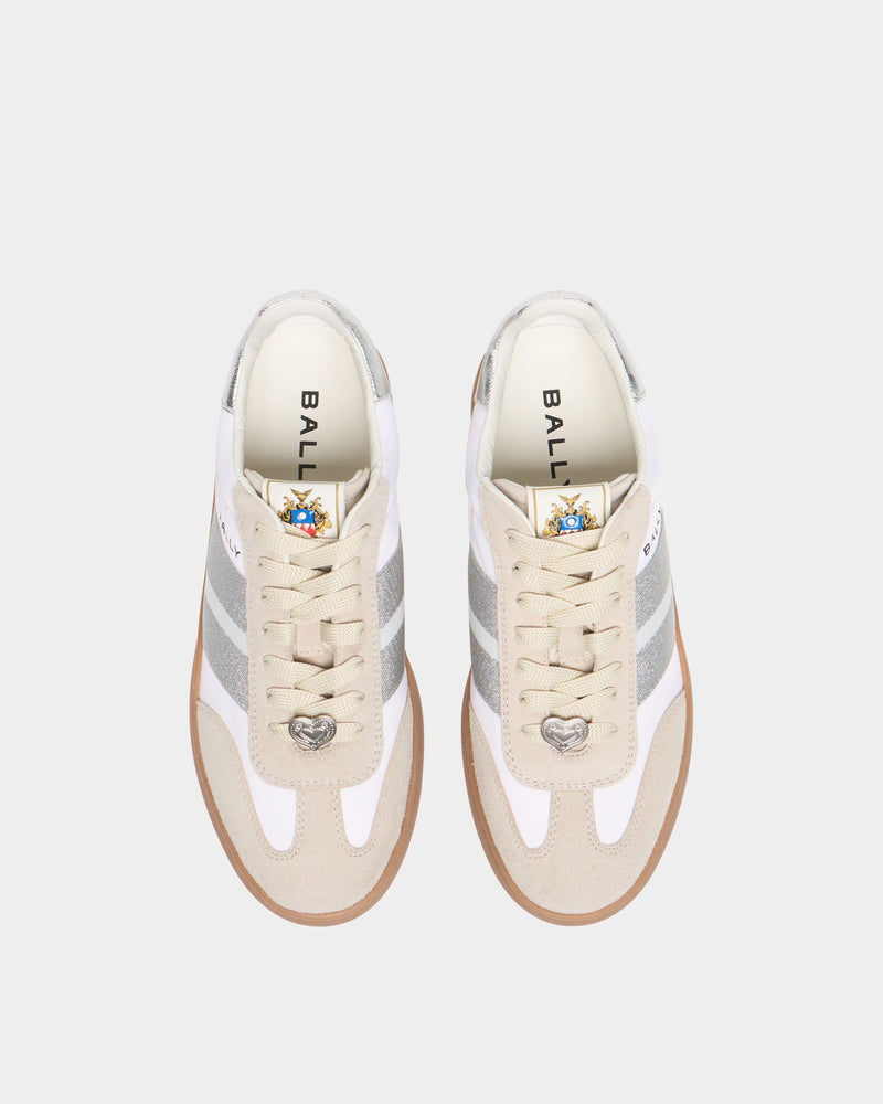 Retro Crest Sneaker in White and Silver Fabric and Leather