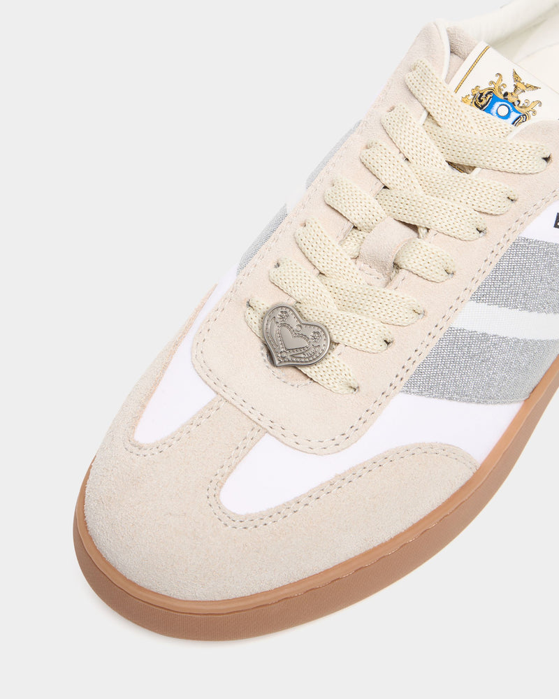 Retro Crest Sneaker in White and Silver Fabric and Leather