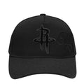 Black snapback baseball cap with embroidered Rockets-style logo on front panel