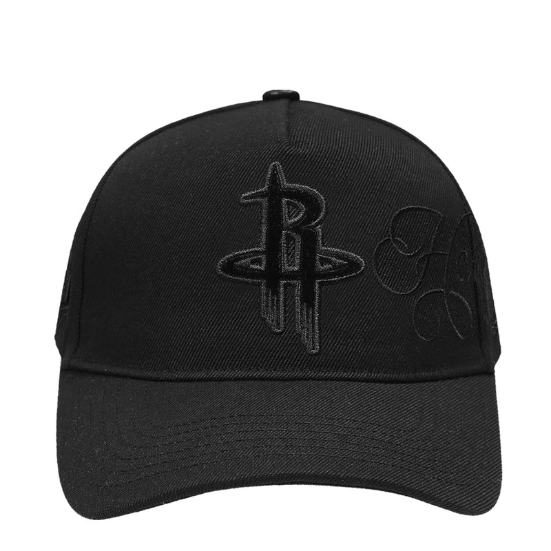 Black snapback baseball cap with embroidered Rockets-style logo on front panel