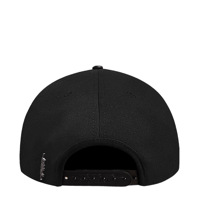Black low-profile snapback cap with interior adjustable snap strap