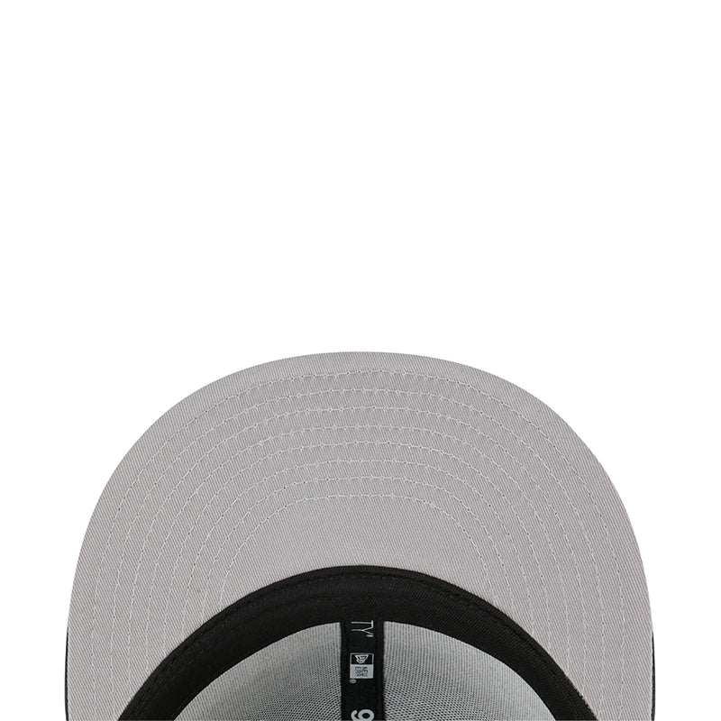 Light gray baseball cap with black brim and stitched circular inner band