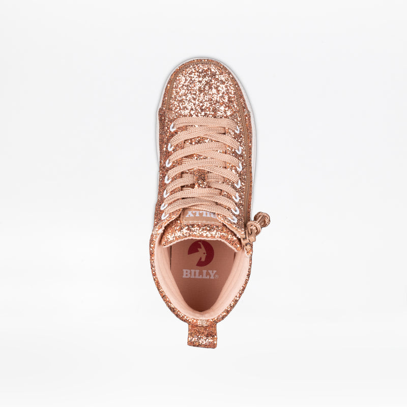 Top view of the Rose Gold Glitz BILLY CS High by BILLY Footwear, a kids' sneaker with beige laces, zipper pull, and "BILLY" logo on the insole, shown against a white background.