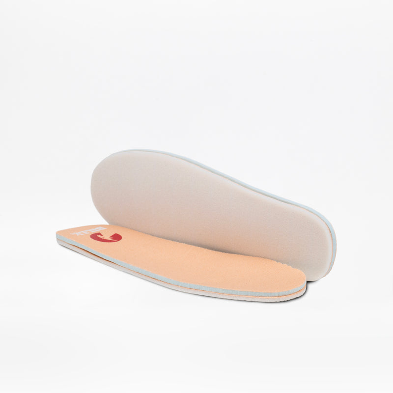 Two rose gold Glitz BILLY CS High insoles from BILLY Footwear are displayed on a white background—one lies flat showing the red logo on top, while the other stands upright to reveal its underside.
