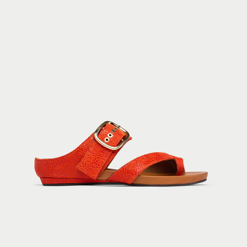 Red sandal with a gold buckle on a light gray background