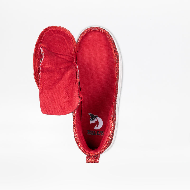 The Ruby Red Glitz BILLY CS High by BILLY Footwear is a kids' high top sneaker with a glittery exterior, side zipper for easy access, pull tab at the heel, and an insole with a unicorn logo and "BILLY" branding.