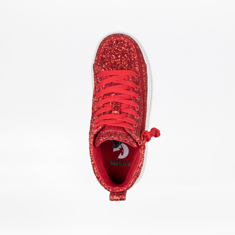 A top view of the Ruby Red Glitz BILLY CS High sneakers by BILLY Footwear shows matching red laces, a side zipper—ideal zipper shoes for kids—on a white background. The insole is marked with the BILLY logo.