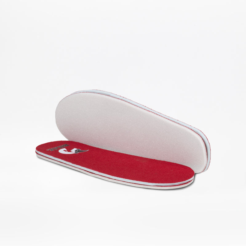 Two red and white insoles are displayed on a white background—one flat, showing a bird graphic, and the other tilted to reveal padded support—ideal replacements for kids' sneakers like the Ruby Red Glitz BILLY CS High from BILLY Footwear.