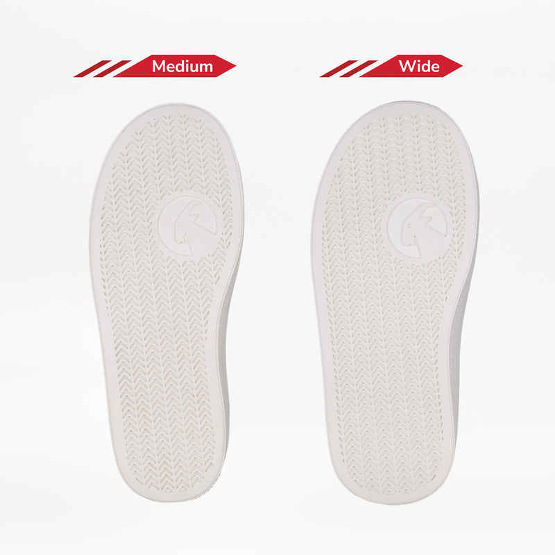 Two white BILLY Footwear shoe soles are side by side on a white background. The left (Medium) is narrower, the right (Wide) is broader. Both have a textured pattern—ideal for kids’ Ruby Red Glitz BILLY CS High sneakers.