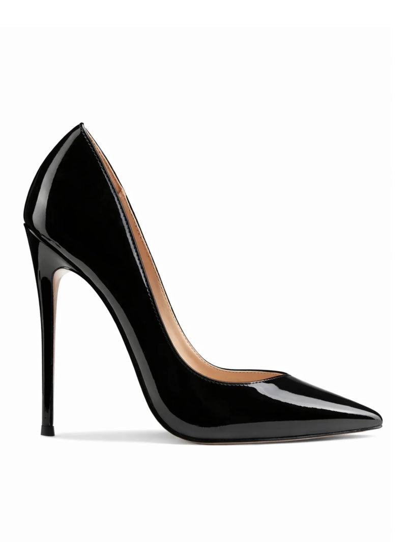 Black patent Rum Pump court heel by FEMME LA, side view showing extreme slim stiletto, pointed toe, and V-cut vamp