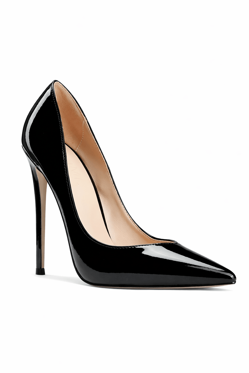 FEMME LA Rum Pump in black patent, 3/4 front angle showing pointed toe, deep V-cut vamp, and nude lining