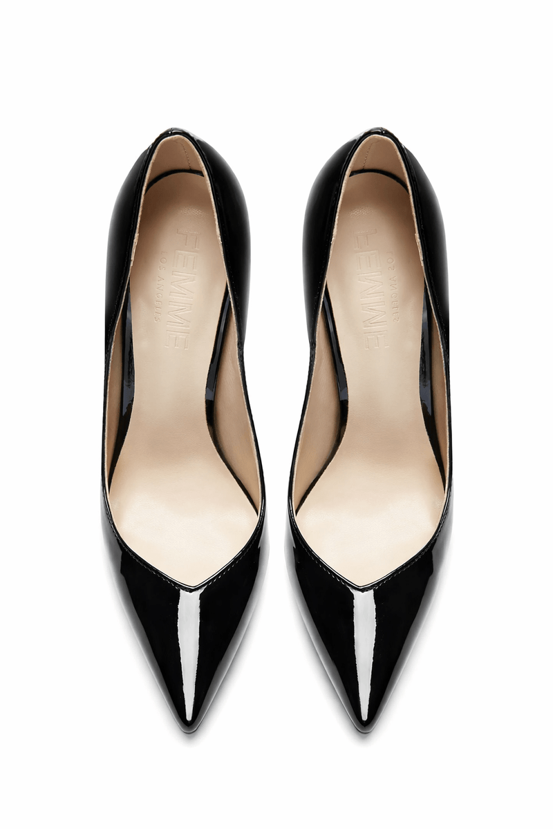 FEMME LA black patent Rum Pump court heels, overhead flat lay of pair showing nude insoles and pointed toes