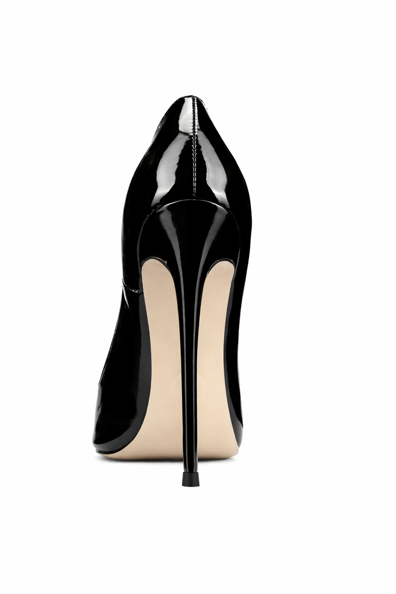 FEMME LA Rum Pump in black patent leather, back view showing slim stiletto heel and nude outsole