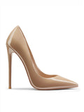 Femme LA Rum Pump in Nude – side profile, nude patent leather pointed-toe court pump, deep V-cut vamp, extreme slim stiletto