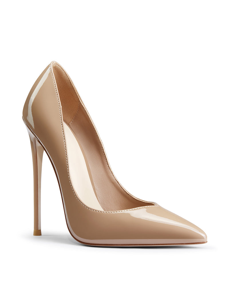 Femme LA Rum Pump in Nude – front three-quarter view, sharp pointed toe, deep V-cut vamp, nude patent finish with nude lining