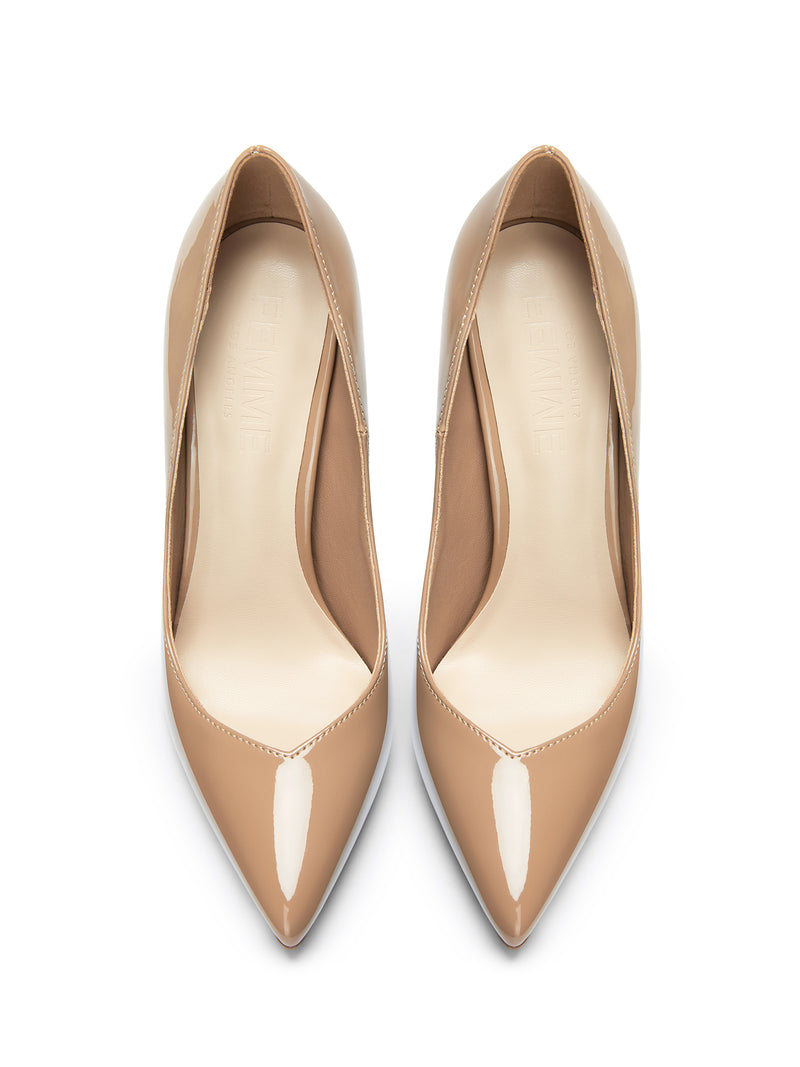 Femme LA Rum Pump in Nude – top-down pair view, sharply pointed toes, cream insoles with Femme branding