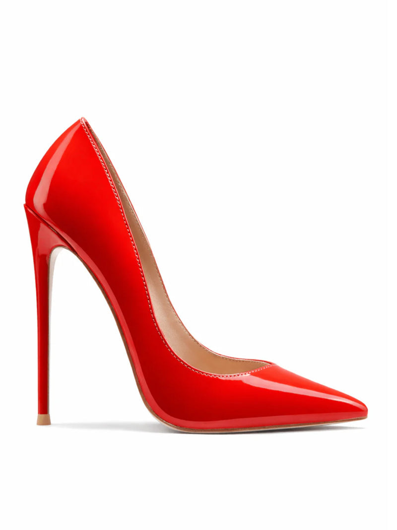 Femme LA Rum Pump in Red – side profile of red patent leather pointed-toe court pump with extreme slim stiletto heel and nude lining