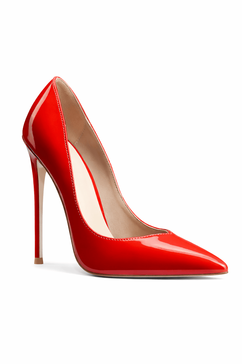 Femme LA Rum Pump in Red – front three-quarter view showing pointed toe and deep V-cut vamp with nude lining