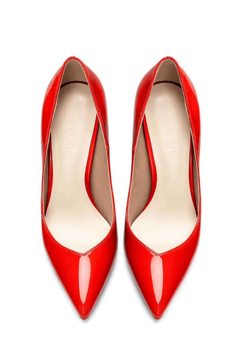 Femme LA Rum Pump in Red – top-down view of the pair showing sharply pointed toes and Femme LA branded insoles