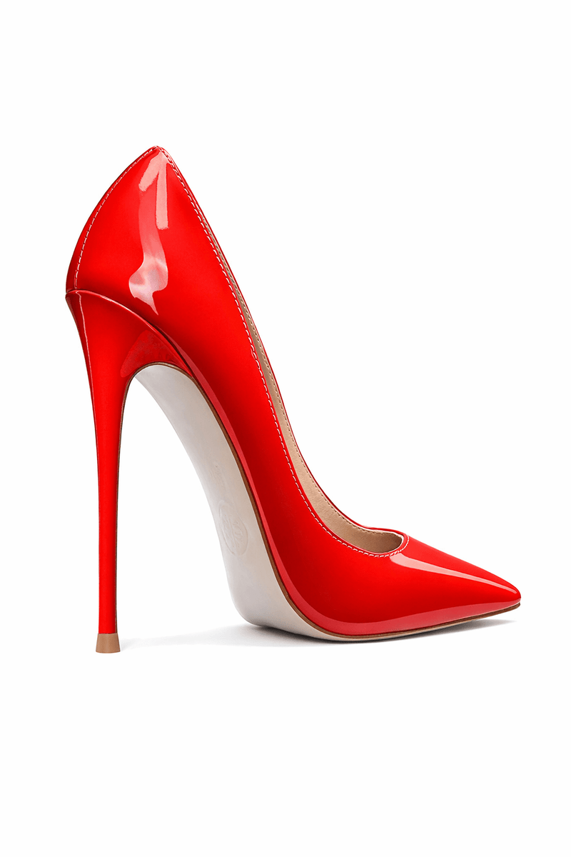 Femme LA Rum Pump in Red – back three-quarter view showing slim stiletto and nude outsole