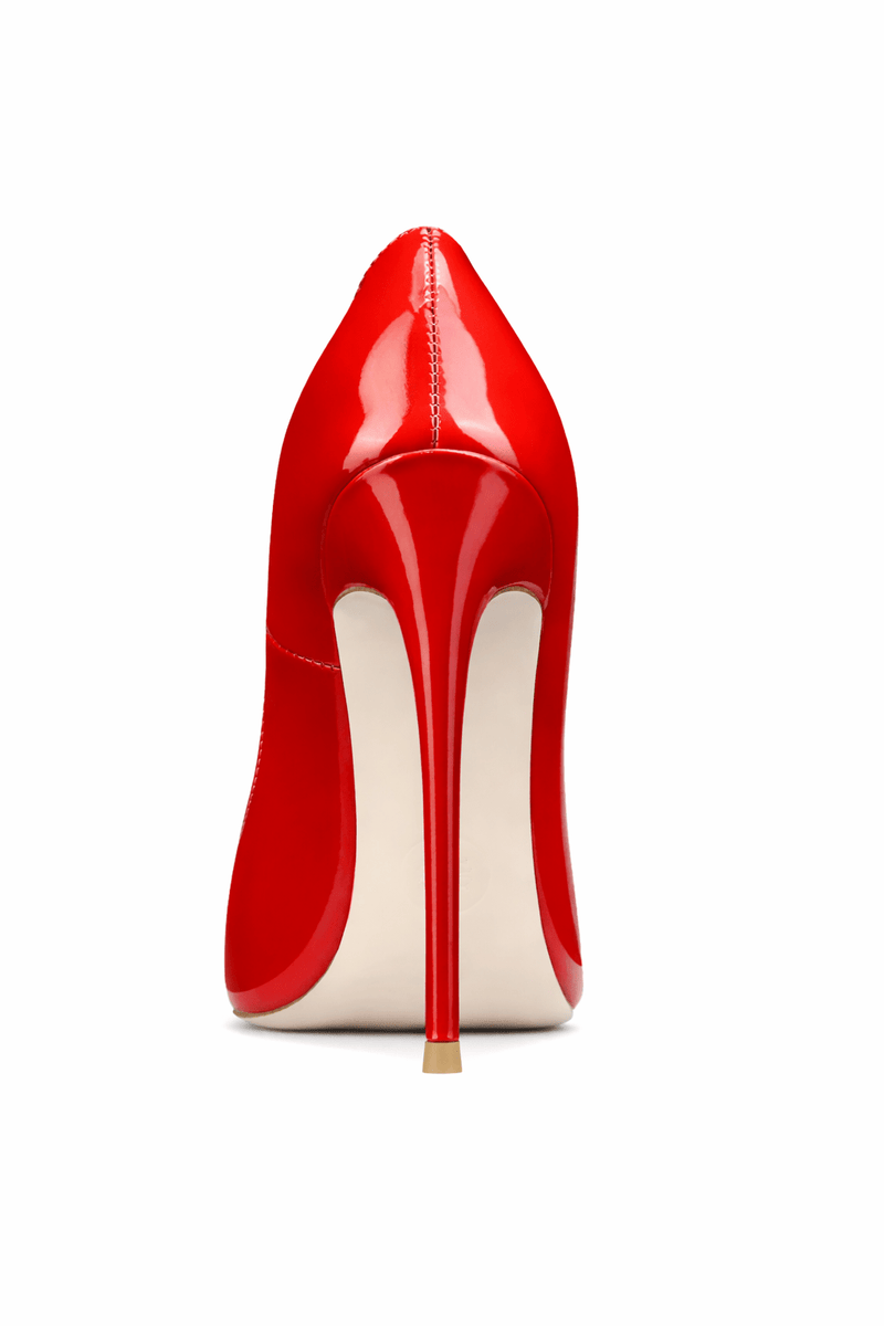 Femme LA Rum Pump in Red – back view showing red patent heel counter, slim stiletto, and cream outsole