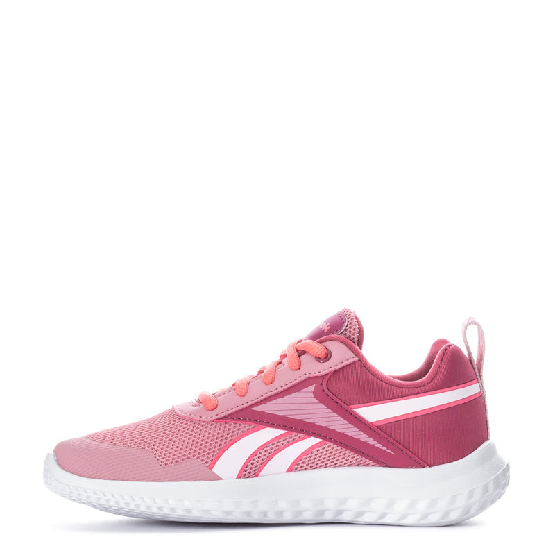 Kids pink running sneakers with white Reebok stripes, lace-up front, mesh upper