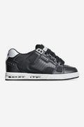 Side view of Sabre skate shoe in black with silver accents and a white sole showing the airbag sole