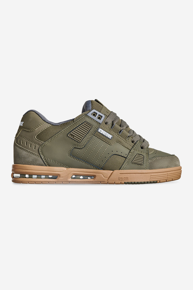 Side profile of moss green Globe Sabre skate shoe with gum sole and visible heel air unit