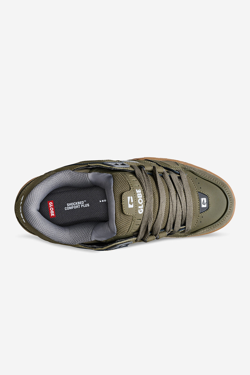 Top-down view of Moss Globe Sabre skate shoe with laces and padded collar