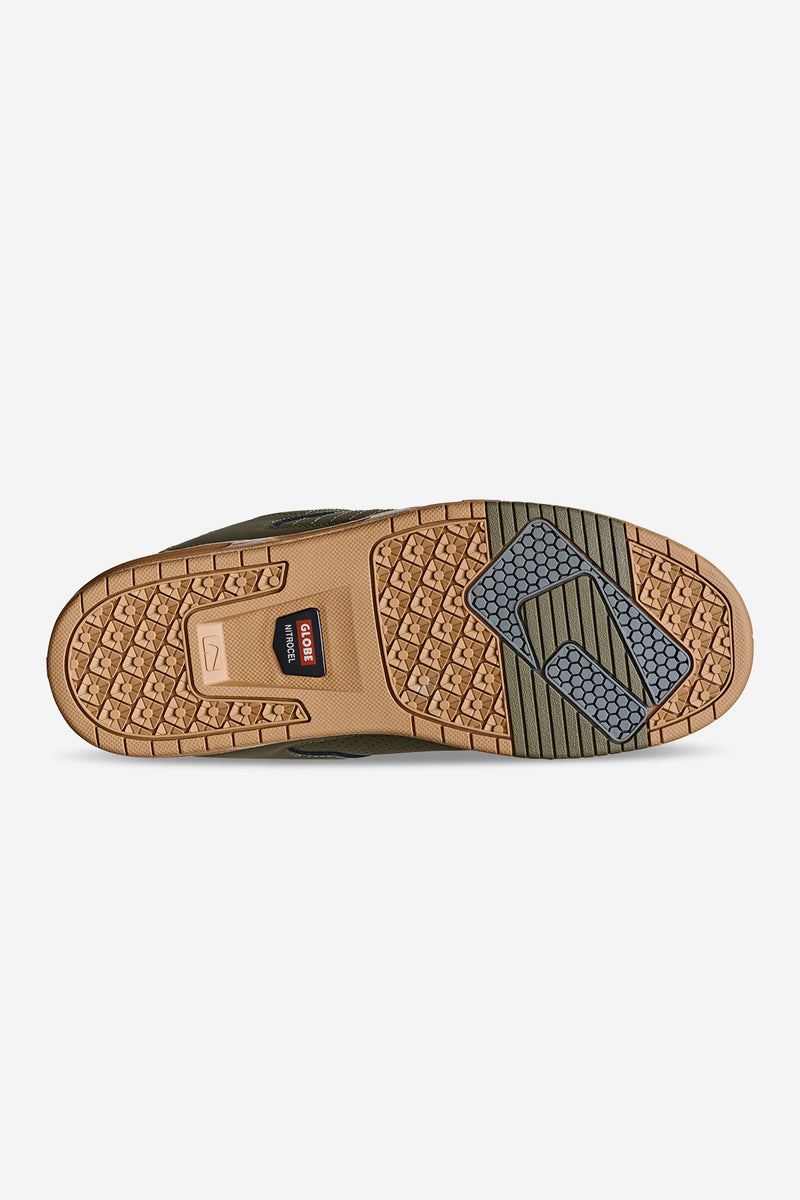 Bottom view of Moss Globe Sabre shows tan gum outsole and tread pattern
