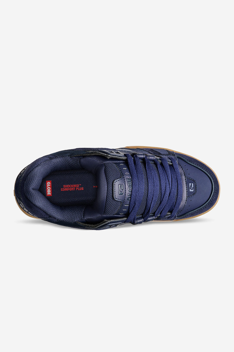 Top view of navy Sabre skate shoe with gum outsole and padded collar.