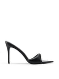 Femme LA Saint Slipper in Black – overhead single shoe view, wide padded nappa leather toe strap mule, pointed toe, slim stiletto