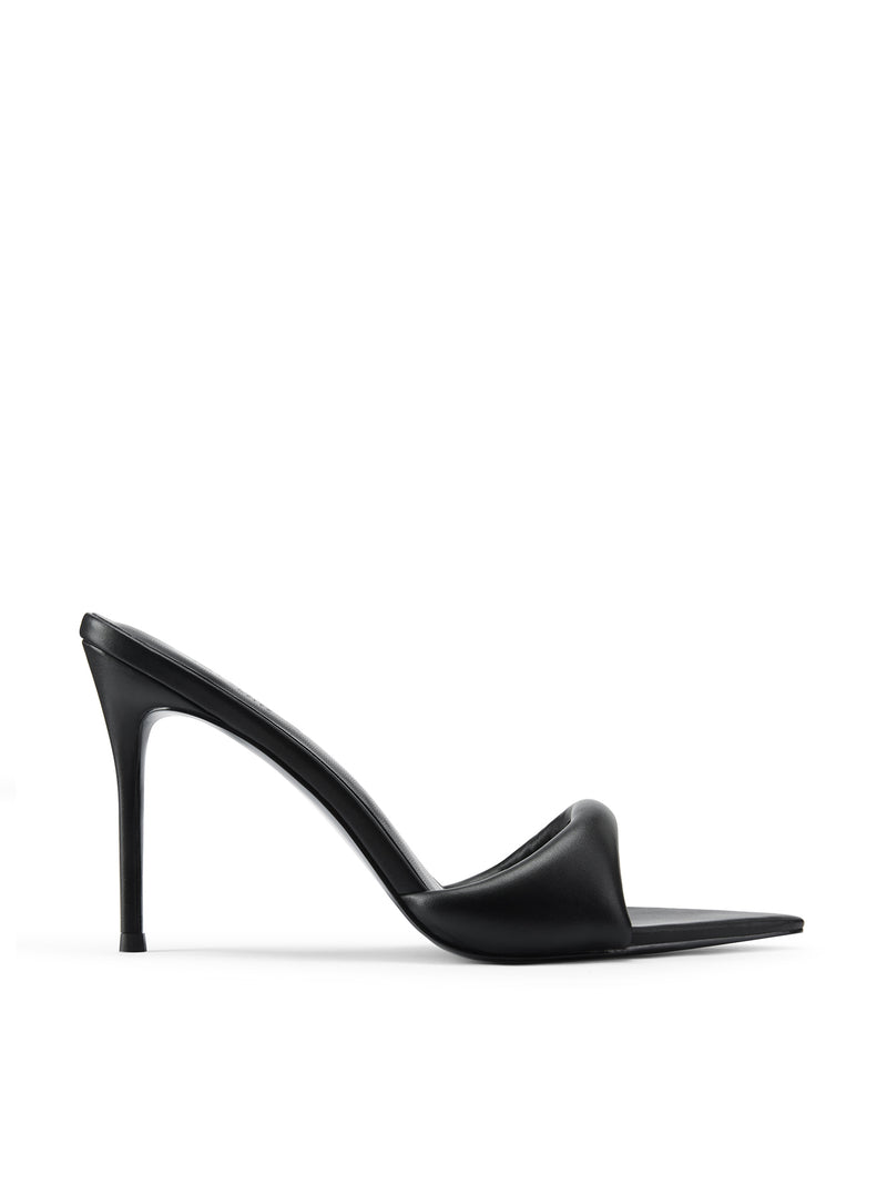 Femme LA Saint Slipper in Black – overhead single shoe view, wide padded nappa leather toe strap mule, pointed toe, slim stiletto