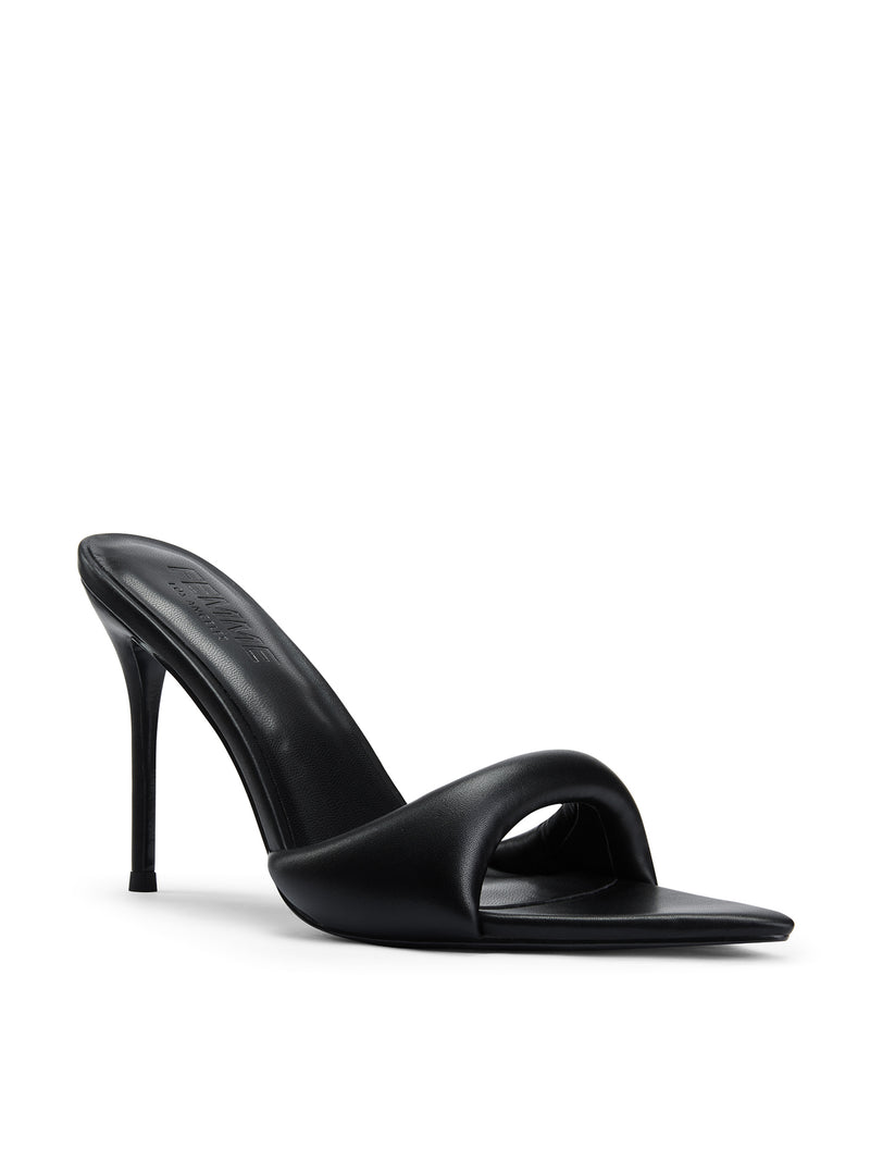 Femme LA Saint Slipper in Black – side profile, wide padded black leather toe strap mule, pointed toe, slim stiletto