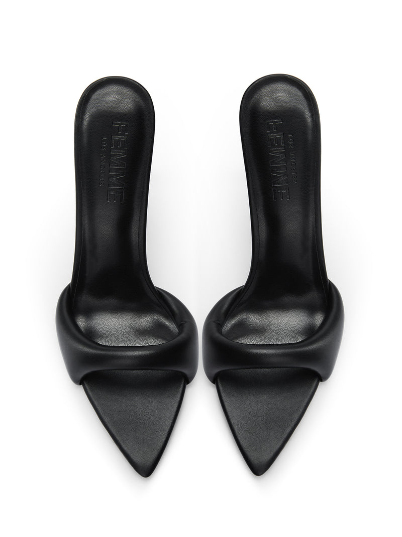 Femme LA Saint Slipper in Black – front three-quarter view, wide padded black leather strap, pointed toe, Femme branding on heel counter