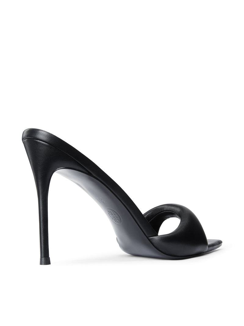 Femme LA Saint Slipper in Black – back three-quarter view, wide padded strap, slim black stiletto