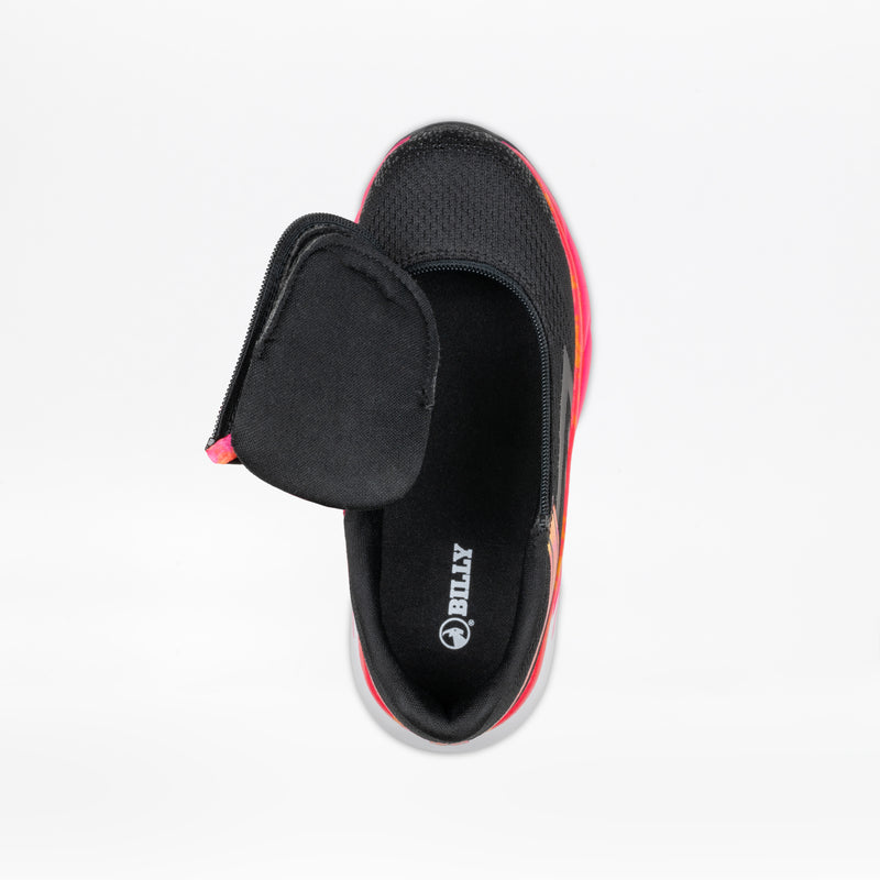 The BILLY Footwear SALE - Black/Fuchsia Fire BILLY Sport Inclusion kids sneaker is shown from above with a pink and orange sole, open flap, and black insole labeled BILLY.