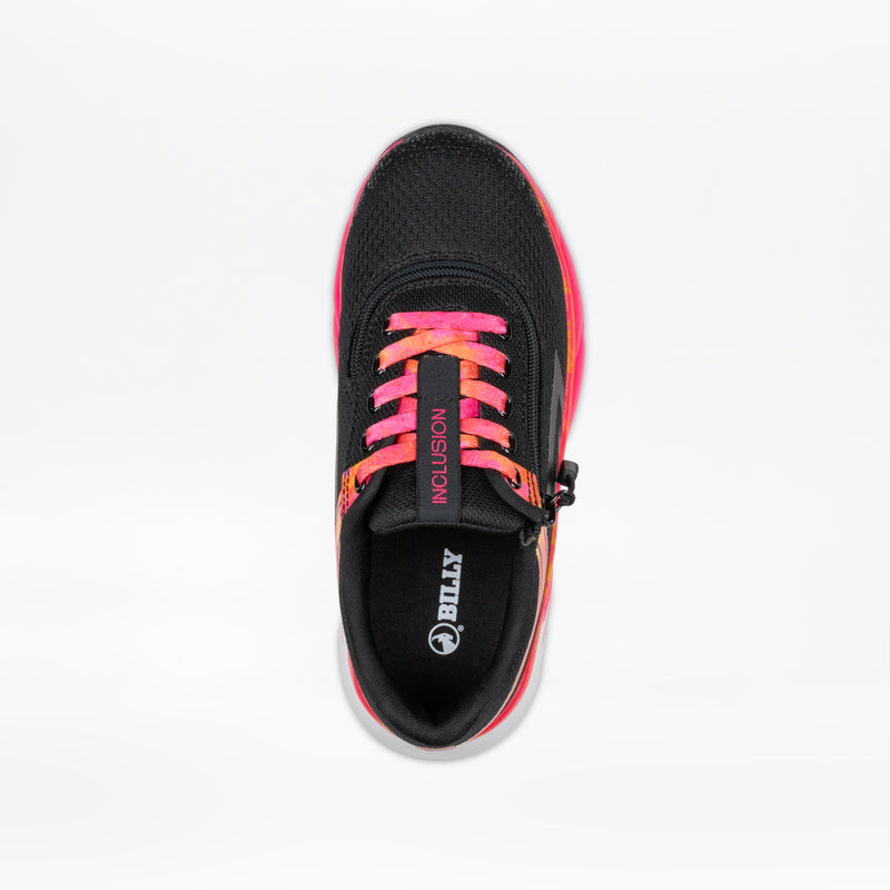 The SALE - Black/Fuchsia Fire BILLY Sport Inclusion by BILLY Footwear is shown from above, featuring pink and orange tie-dye laces with "INCLUSION" text and a branded insole on a white background. Ideal for kids’ sneaker collections.