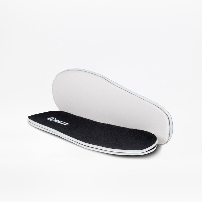 A pair of black and white BILLY Footwear insoles with heel logo, made for the SALE - Black/Fuchsia Fire BILLY Sport Inclusion shoes, displayed on a white background.