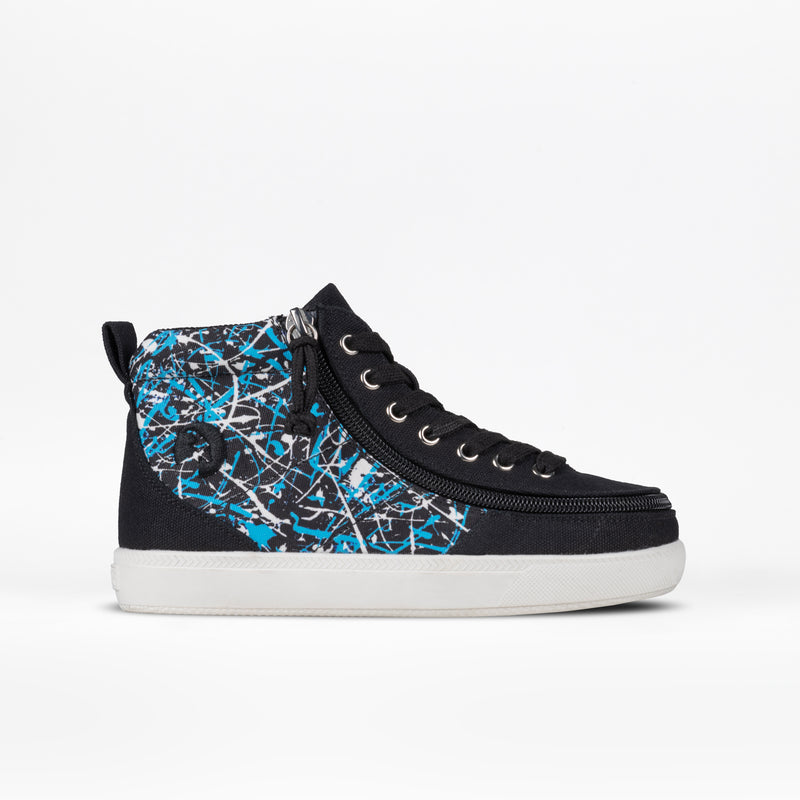 The BILLY Footwear Kids'/Toddler Classic D|R II High in Black Graffiti features a black high-top design with gray laces, a white sole, and blue, white, and gray paint splatter. Its wide toe box is great for kids needing orthotic shoes.