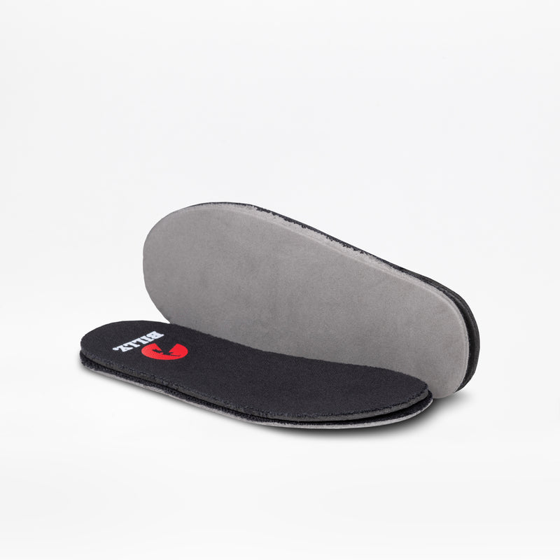 A pair of removable insoles for the SALE - Black to the Floor Leather BILLY Classic D|R II Low by BILLY Footwear, one showing a black top with a red logo and one upright with a gray underside, designed for AFO-friendly shoes on a white background.