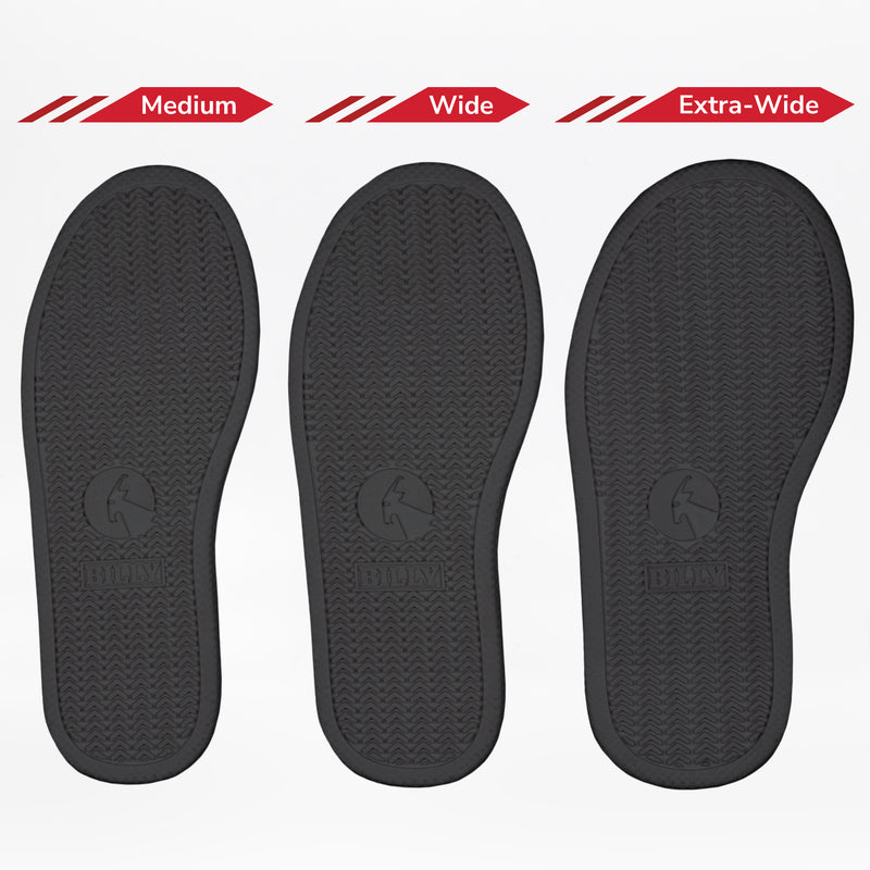 Three black insoles from the BILLY Footwear SALE - Black to the Floor Leather BILLY Classic D|R II Low show Medium, Wide, and Extra-Wide widths but similar lengths. They suit wide toe box and AFO-friendly shoes, with textured surfaces and a logo near the heel.