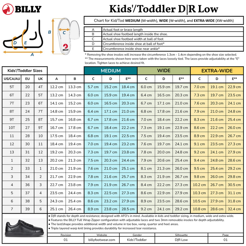 Shoe size chart for the SALE - Black to the Floor Leather BILLY Classic D|R II Low by BILLY Footwear. Includes US, CA, UK, and EU sizes plus foot length/width for medium, wide, and extra-wide fits. AFO-friendly with wide toe box and removable insoles.