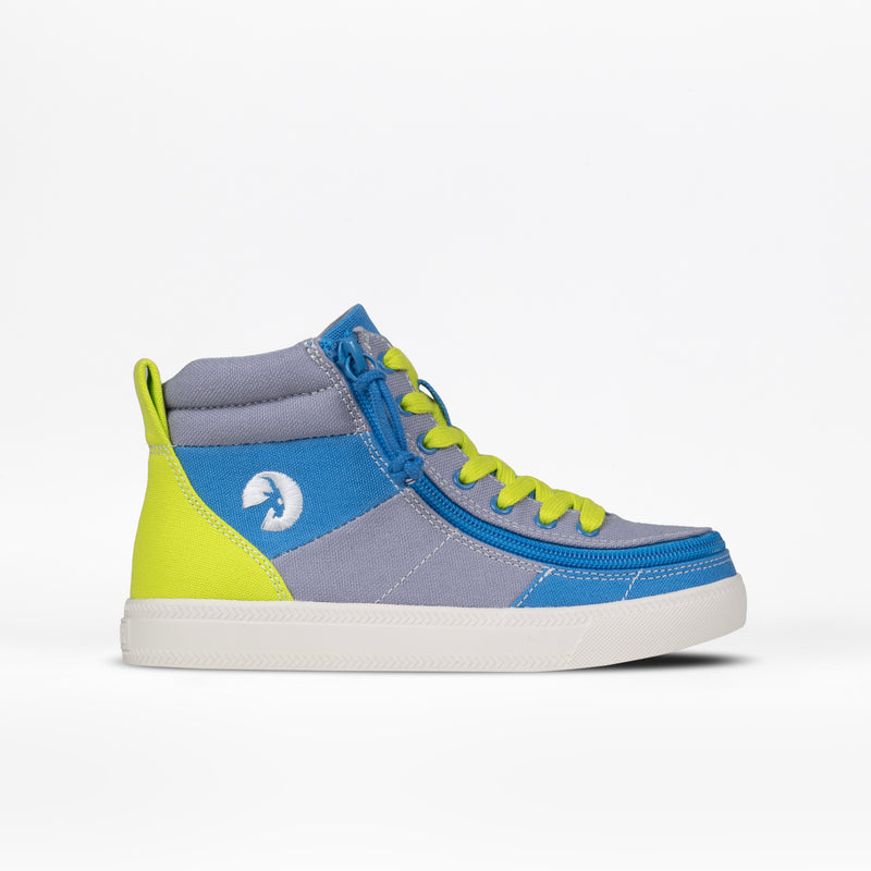 A pair of blue colorblock high-top sneakers with yellow accents and functional laces.