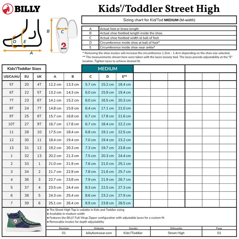 Kids/Toddler shoe sizing chart includes US/UK/EU sizes, foot measurements (centimeters), labeled diagram, fitting notes, and an image of a green/gray wraparound zipper high-top.
