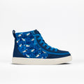 The SALE - Blue Sharks BILLY Classic Lace High by BILLY Footwear is a blue kids’ high top sneaker with a white sole, blue laces, swimming sharks on the side panel, and a wraparound zipper for easy on and off.
