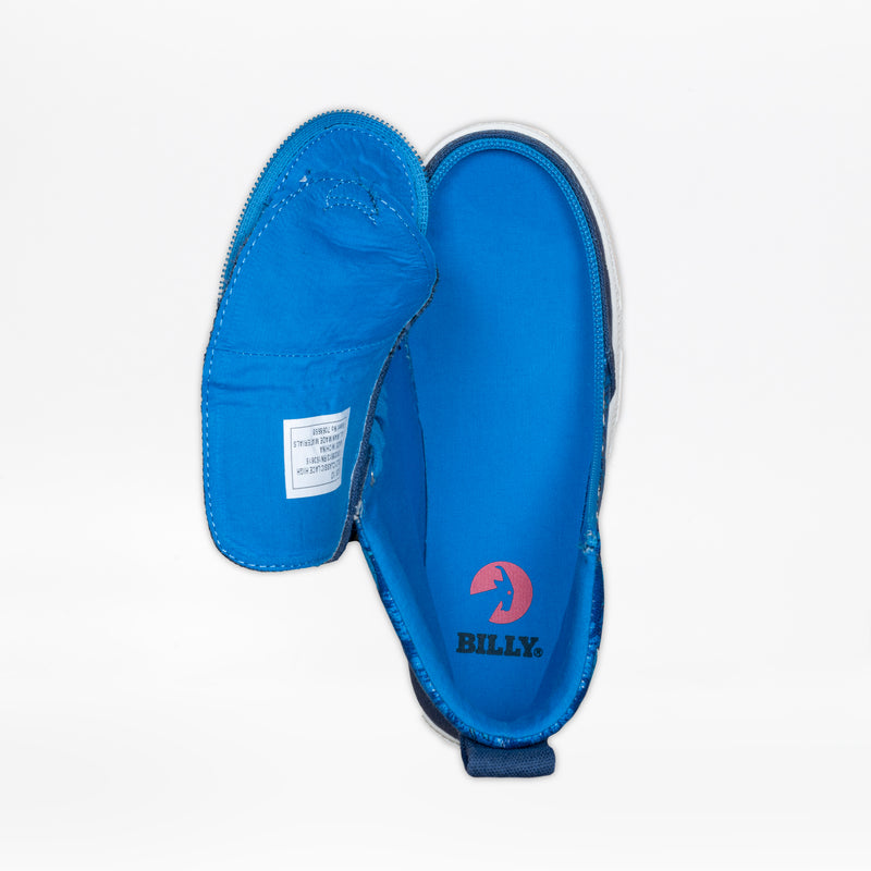 The SALE - Blue Sharks BILLY Classic Lace High by BILLY Footwear features a wraparound side zipper, blue upper, white label inside, and the BILLY logo with red circle on the insole—perfect high top sneakers for kids.