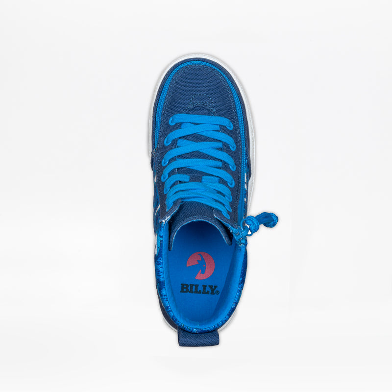 Top view of the SALE - Blue Sharks BILLY Classic Lace High kids sneaker by BILLY Footwear, featuring blue laces, a wraparound front zipper, and an insole with the red BILLY logo. The background is plain white.