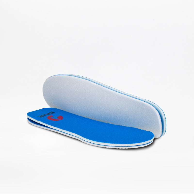 A pair of blue insoles for the SALE - Blue Sharks BILLY Classic Lace High by BILLY Footwear, one lying flat to show the top and the other upright showing the white cushioned underside, both set on a white background.
