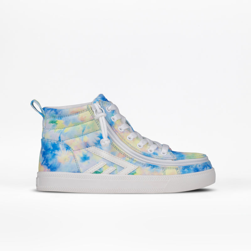 The BILLY Footwear Kids'/Toddler CS High is a blue high top sneaker with white laces, an easy side zipper for adjustable fit, and a white rubber sole, shown on a plain white background.